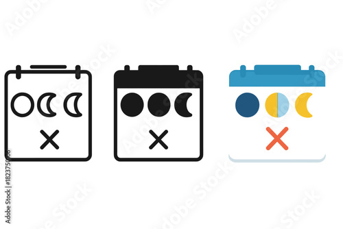 Lunar Calendar Icons. Linear minimalistic lunar calendar icon: new moon, crescent moon, full moon, waxing gibbous, waning crescent