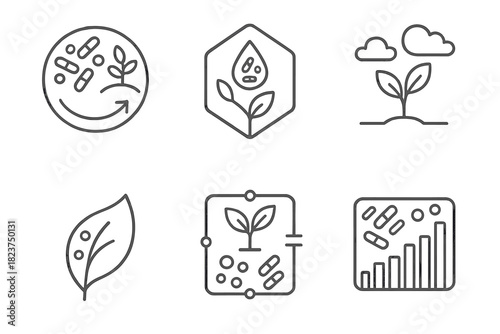 Synthetic Ecosystem Icons. Line style icons of synthetic ecosystems: micro-ecology balance icon, engineered symbiosis badge,