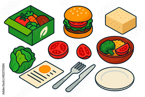 Vegan Meal Icons. Isometric vector illustration set Climate action – vegan meal kit, plant-based burger, tofu block; lettuce head,