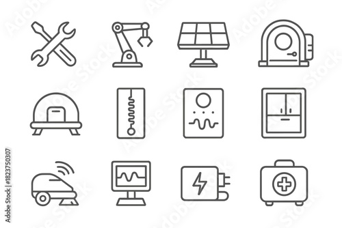 Habitat Maintenance Symbols. Line style icons of Habitat Maintenance: repair tools, robotic arm, solar panel, airlock; habitat