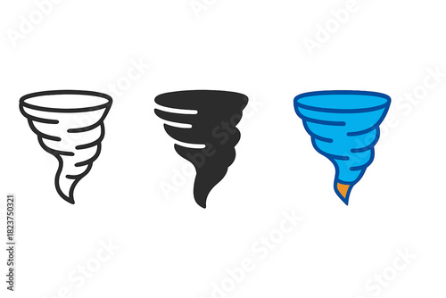 Stylized Tornado Icons. Minimalist tornado icon: three identical tornado illustrations in a row, first in line style with thin