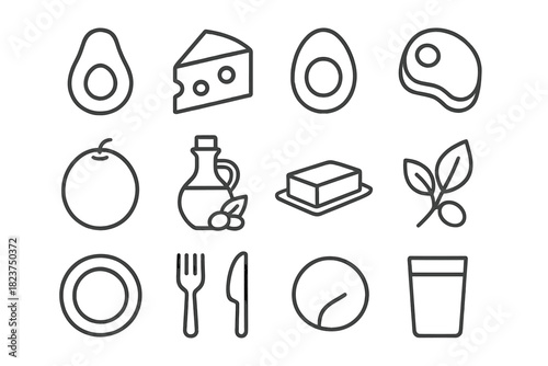 Keto Diet Icons. Line style icons of Keto Diet: Avocado, Cheese, Egg, Meat; Coconut, Olive Oil, Butter, Leaf; Plate, Fork, Knife,