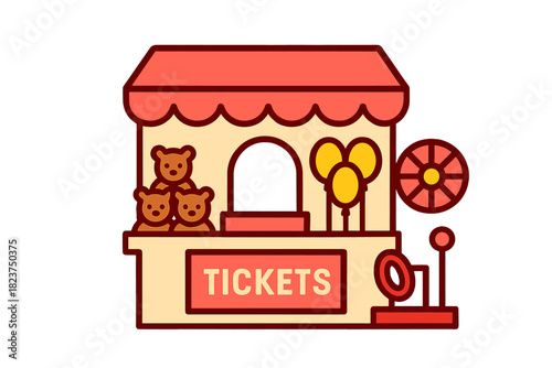 Festival Games Icons. Linear minimalistic festival games icon: game stall, ticket kiosk, prize display, balloons, ring toss,