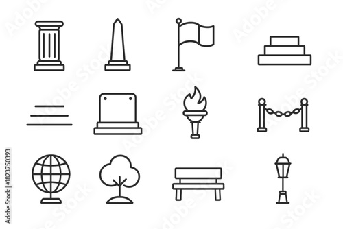 Monument Icons Collection. Line style icons of Monuments: Column, Obelisk, Flag, Base; Steps, Plaque, Torch, Chain; Globe, Tree,