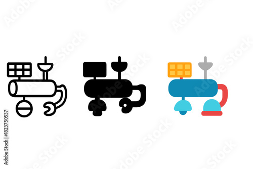 Orbital Infrastructure Icons. Linear minimalistic orbital infrastructure icon: space station, docking port, solar array, antenna,