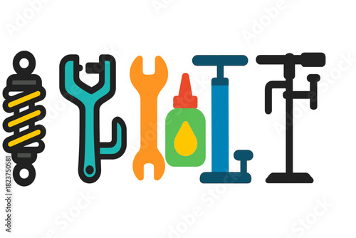 Bike Maintenance Icons. Linear minimalistic bike maintenance icon: shock absorber, chain tool, wrench, lubricant, tire pump,