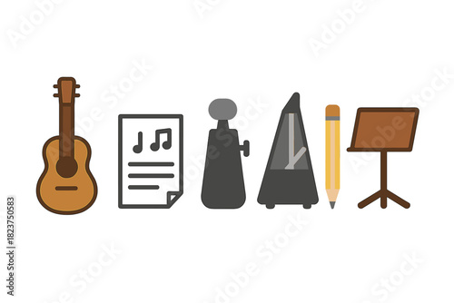 Music Practice Tools Icons. Linear minimalistic practice tools icon: guitar, sheet music, tuning peg, metronome, pencil, music
