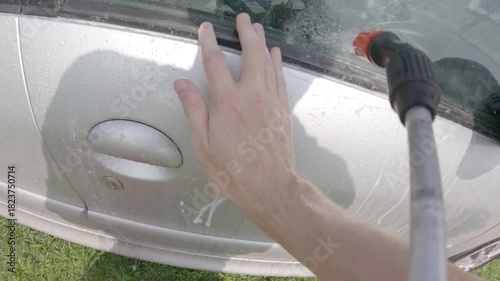 Wide Angle View Self Service Car Wash Process, Individual Washing Vehicle Windows with High Pressure Water Spray, Automotive Care Maintenance Detailing Concept with Sound, Transport Hygiene, Washing 