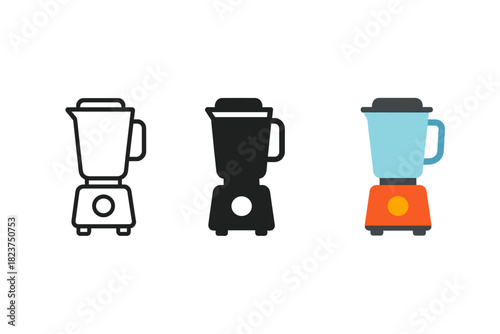Blender Icon Styles. Minimalist blender icon: three identical blenders in a row, first in line style with thin outline, second in