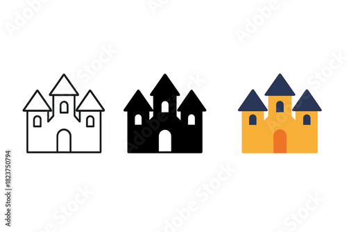 Minimalist Haunted Houses. Minimalist haunted house icon: three identical haunted houses in a row, first in line style with thin