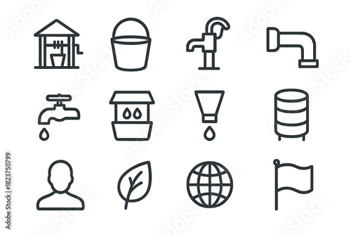 Community Water Icons. Line style icons of Community Water Projects: Well, Bucket, Pump, Pipe; Faucet, Rain Collector, Filter,