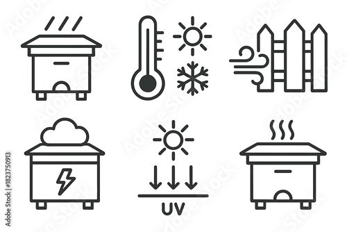 Weather Icon Set. Line style icons of weather considerations: rainproof hive cover, temperature range icon, wind protection symbol