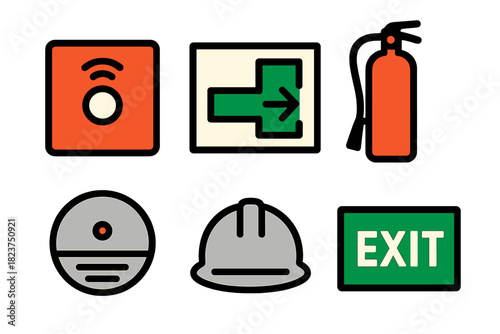 Emergency Preparedness Icons. Linear minimalistic emergency preparedness icon: fire alarm panel, escape route map, extinguisher