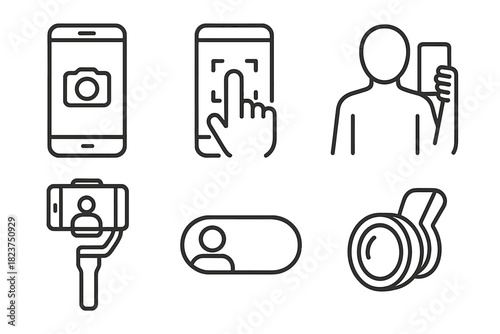 Mobile Photography Icons. Line style icons of mobile photography: smartphone with camera icon, touch focus screen, selfie pose