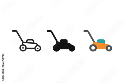 Minimal Lawn Mower Trio. Minimalist lawn care icon: three identical lawn mowers in a row, first in line style with thin outline,