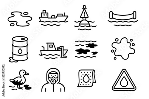 Oil Spill Icons. Line style icons of Oil Spills: oil slick, tanker ship, warning buoy, containment boom; oil drum, skimmer boat,