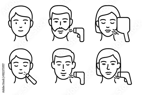 Cryo Facial Icons. Line style icons of cryo facials for men and women: gender-neutral face icon, beard-friendly device, short hair