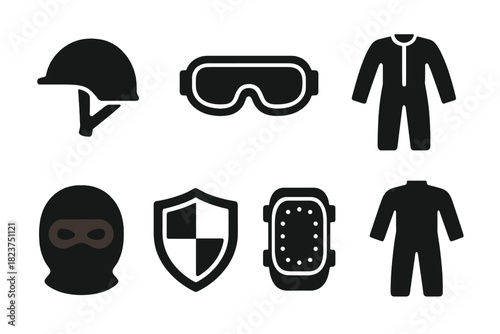 Volcano Ride Gear Icons. Solid style icons of protective gear for volcano rides: helmet glyph, goggles icon, jumpsuit badge. Face