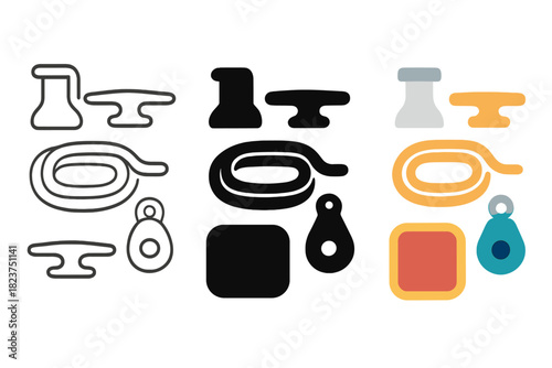 Minimalistic Deck Icons. Linear minimalistic deck equipment icon: winch handle, cleat, mooring line, block, hatch cover, deck