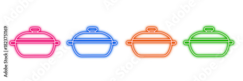 Neon glowing cooking pot vector icons set, casserole dish, kitchenware, food preparation, culinary utensil, vibrant colorful digital design illustration on transparent background.