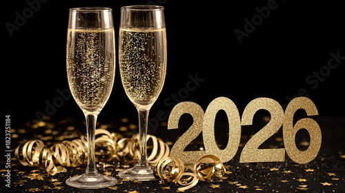 New Year's Eve toast with golden 2026, champagne glasses and star confetti on black background, hyper-realistic 3D rendering with copy space for banner design.