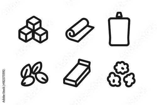 Adventure Snack Icons. Linear minimalistic adventure snack icon: protein bites, fruit leather, water pouch, nut mix, energy bar,