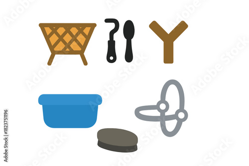 Horse Stable Icons. Linear minimalistic horse stable setup icon: hay feeder, grooming tools, saddle rack, water trough, halter,
