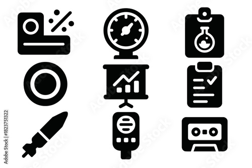 Stratosphere Science Icons. Solid style icons of stratosphere science modules: particle sensor glyph, pressure gauge icon, sample