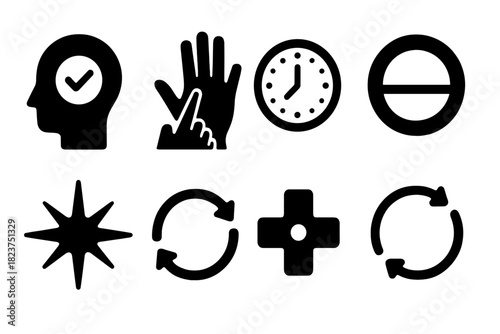 Cognitive Drill Icons. Solid style icons of cognitive lucid drills: reality check glyph, finger-through-palm icon, clock glance