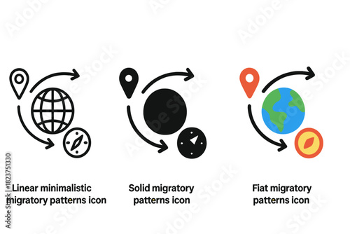 Migratory Patterns Icons. Linear minimalistic migratory patterns icon: flight path lines, directional arrows, globe, waypoint