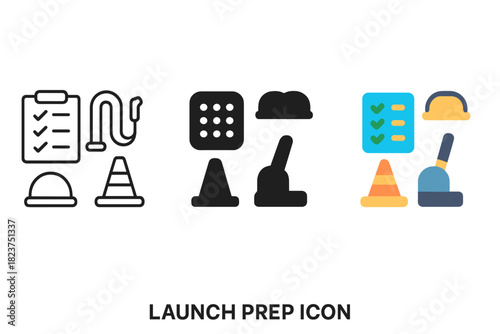 Launch Prep Icons. Linear minimalistic launch prep icon: checklist, fuel hose, ignition panel, safety cone, technician helmet,