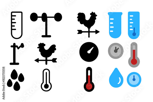 Weather Instruments Icons. Linear minimalistic rain and wind icon: rain gauge, anemometer, wind vane, barometer, thermometer,