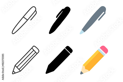 Pen and Pencil Icons. Linear minimalistic pen icon: simple pen outline, uniform line thickness, no fill, Solid pen icon: pen