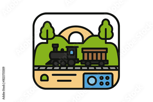 Minimalist Railroad Icons. Linear minimalistic diorama railroad icon: model tracks, steam engine, cargo car, scenery trees, bridge