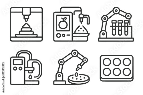 Food Lab Robotics Icons. Line style icons of food lab robots: food printer, synthetic food generator, robotic test tube holder,