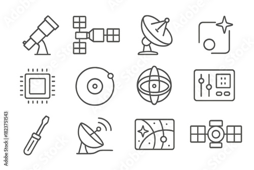 Orbiting Observatory Icons. Line style icons of Orbiting Observatories: telescope, solar panels, antenna, star tracker; imaging