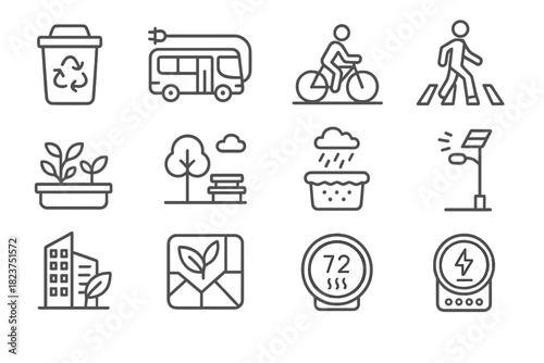 Urban Sustainability Icons. Line style icons of Urban Sustainability: recycling bin, electric bus, bike lane, pedestrian walkway;