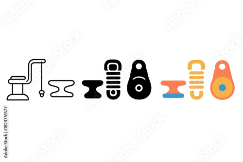 Minimalistic Deck Icons. Linear minimalistic deck equipment icon: winch handle, cleat, mooring line, block, hatch cover, deck