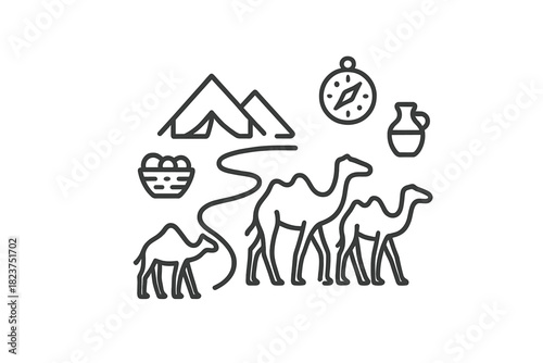 Nomadic Caravan Icons. Linear minimalistic nomadic caravan icon: camel caravan, tent cluster, desert path, market goods, compass,
