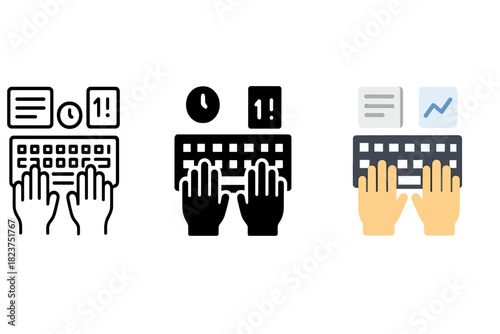 Typing Accuracy Icons. Linear minimalistic typing accuracy icon: hand positions, keyboard layout, error tracker, performance chart