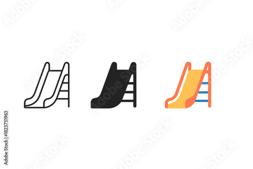 Playground Slides Trio. Minimalist slide icon: three identical playground slides in a row, first in line style with thin outline,