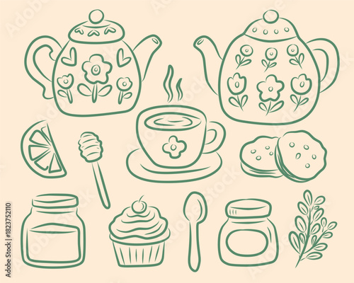 Tea Time Line Art Illustration Set for Café and Packaging Design