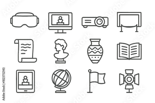 Virtual Exhibition Icons. Line style icons of Virtual Exhibitions: VR Headset, Monitor, Projector, Display; Scroll, Statue,