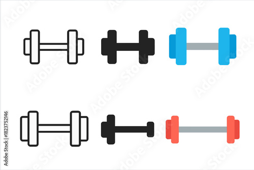 Dumbbells and Barbells Icons. Linear minimalistic dumbbell icon: dumbbell outline with weights, uniform line thickness, no fill,