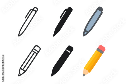Pen and Pencil Icons. Linear minimalistic pen icon: simple pen outline, uniform line thickness, no fill, Solid pen icon: pen
