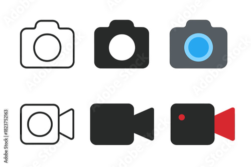 Minimalist Camera Icons. Linear minimalistic camera icon: camera body outline with lens, uniform line thickness, no fill, Solid