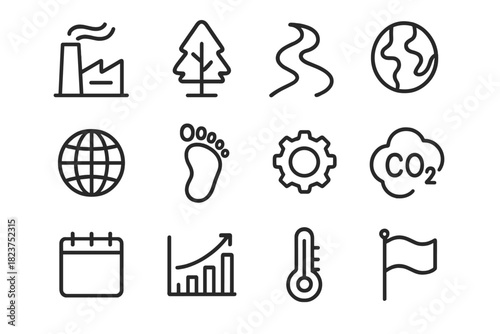 Anthropocene Icons Collection. Line style icons of Anthropocene Studies: Factory, Smoke, Tree, River; Globe, Footprint, Carbon,