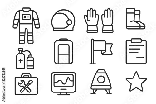 Astronaut Equipment Icons. Line style icons of Astronaut Equipment: Space Suit, Helmet, Gloves, Boots; Oxygen Tank, Backpack, Flag