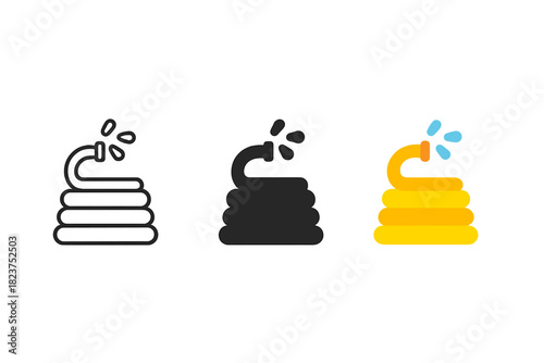 Garden Hose Trio. Minimalist garden hose icon: three identical garden hoses in a row, first in line style with thin outline,