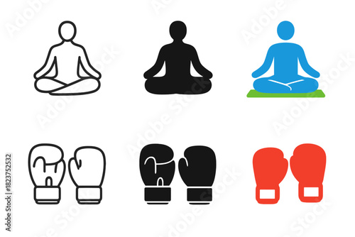 Yoga and Boxing Icons. Linear minimalistic yoga pose icon: person outline sitting cross-legged, uniform line thickness, no fill,